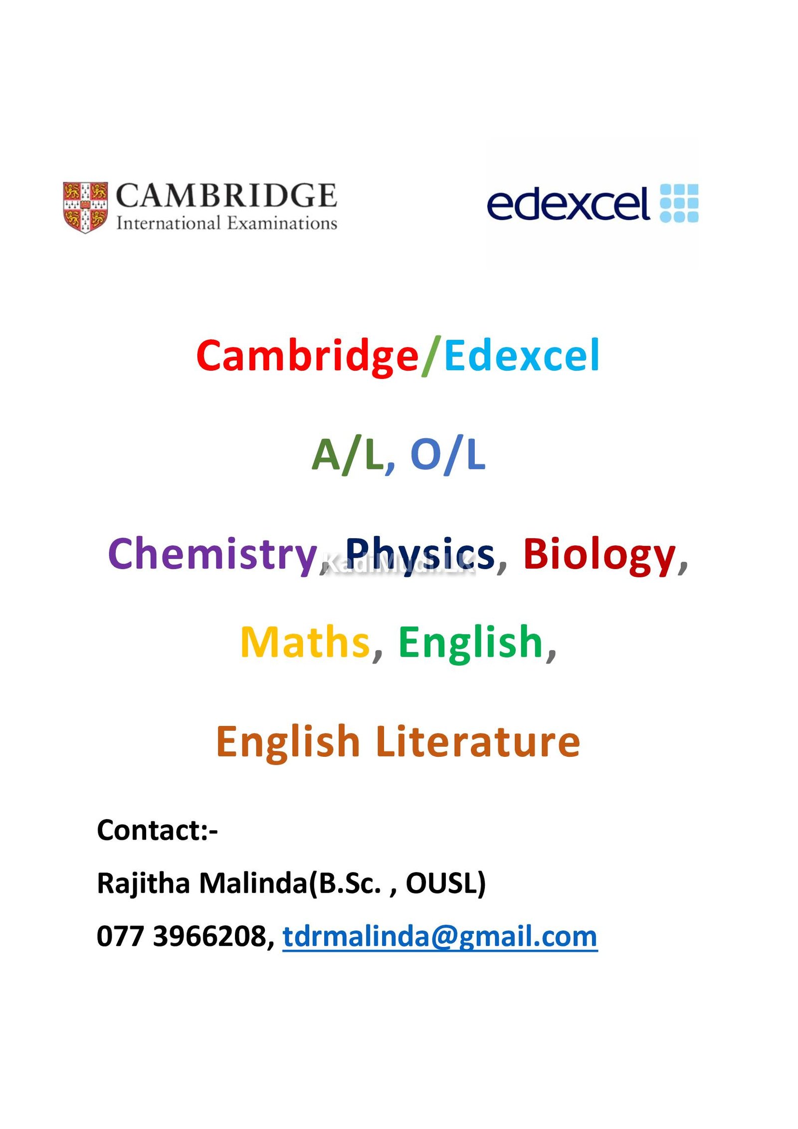 Cambridge/Edexcel A/L, O/L Science, Math